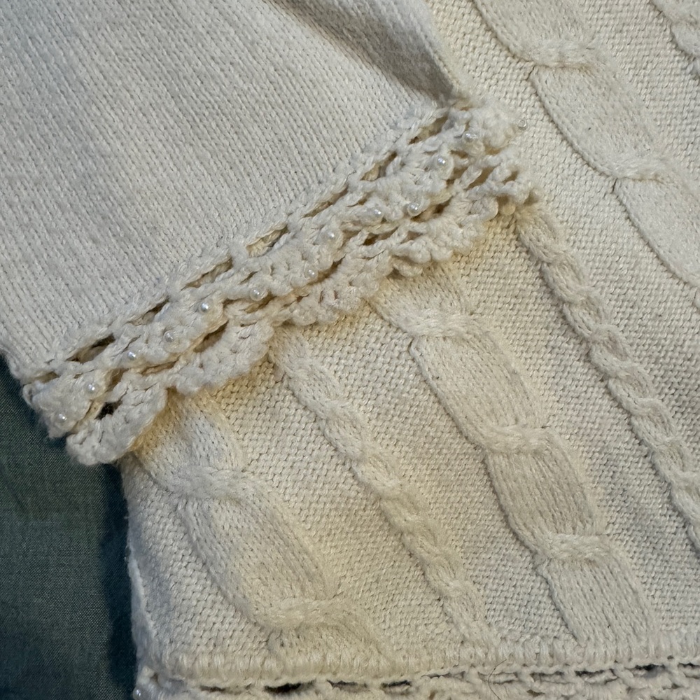 Coldwater Creek Beaded Crochet Trim Cardigan Pearl Button Cable Knit Ivory L - Picture 7 of 12